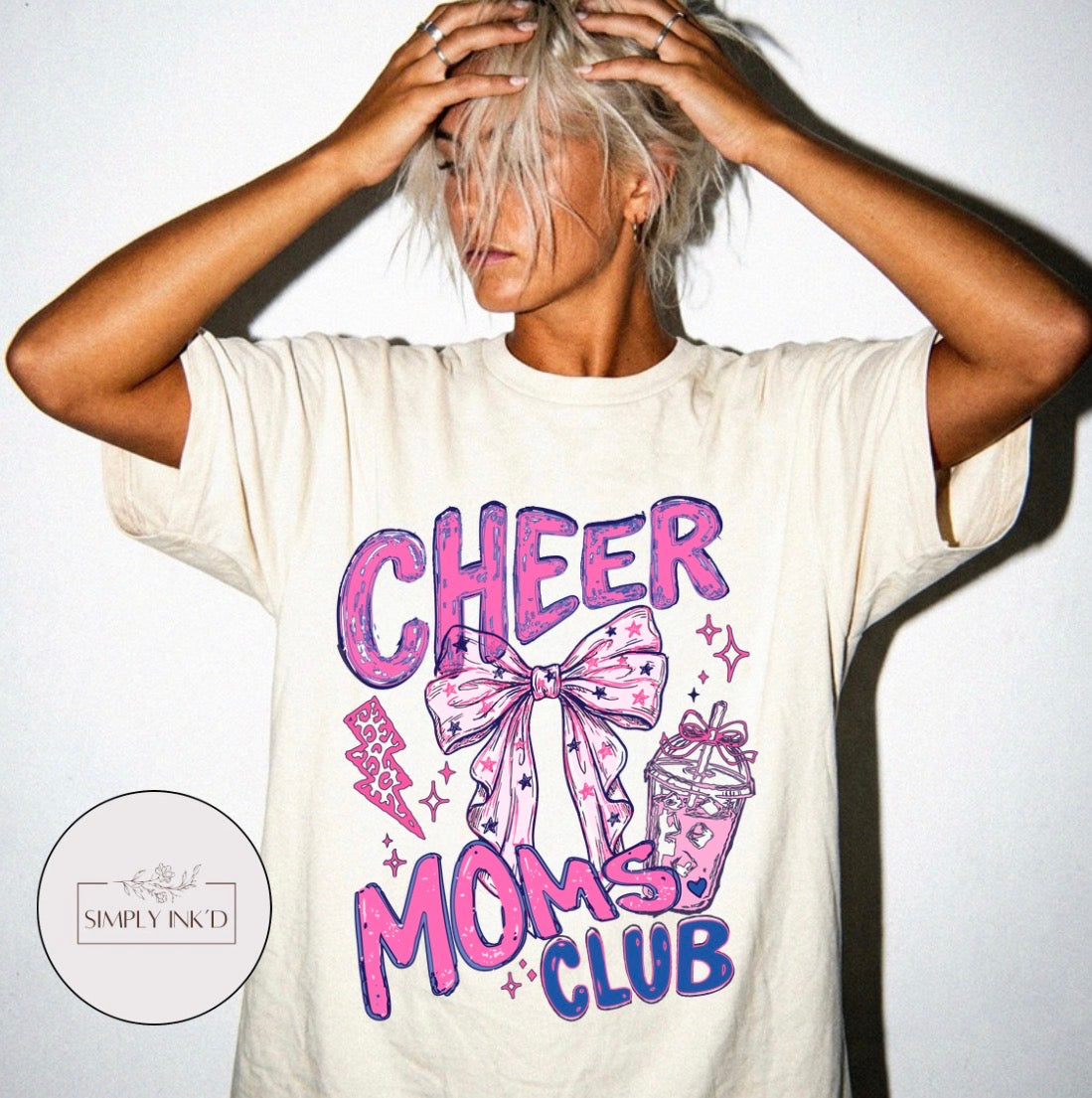 Cheer Moms Club pink design on Comfort Colors Ivory shirt
