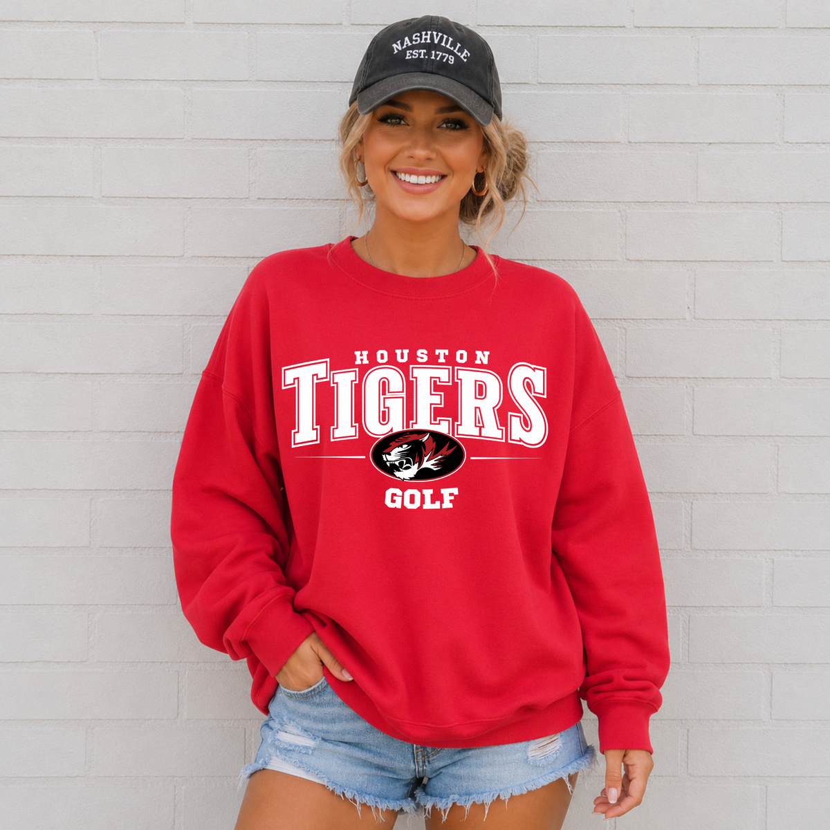 Houston Tigers Golf Mascot – Red Gildan shown on a red crewneck