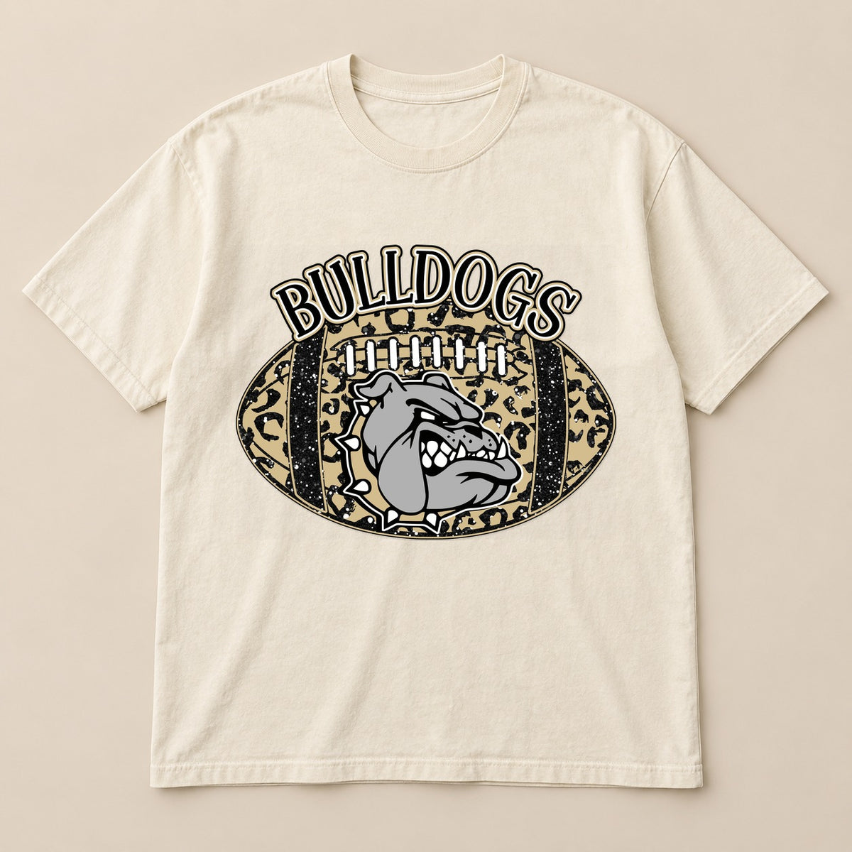 Bulldogs Old Gold Football Tee on a real Comfort Colors shirt