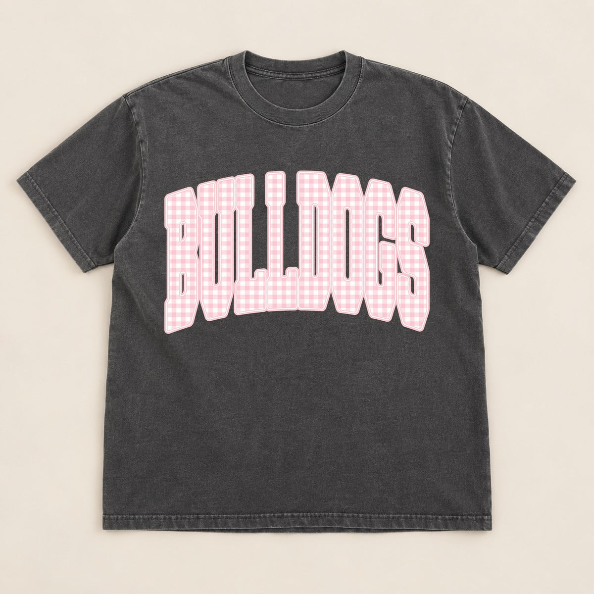 Pink Gingham Bulldogs Tee on a real Comfort Colors shirt