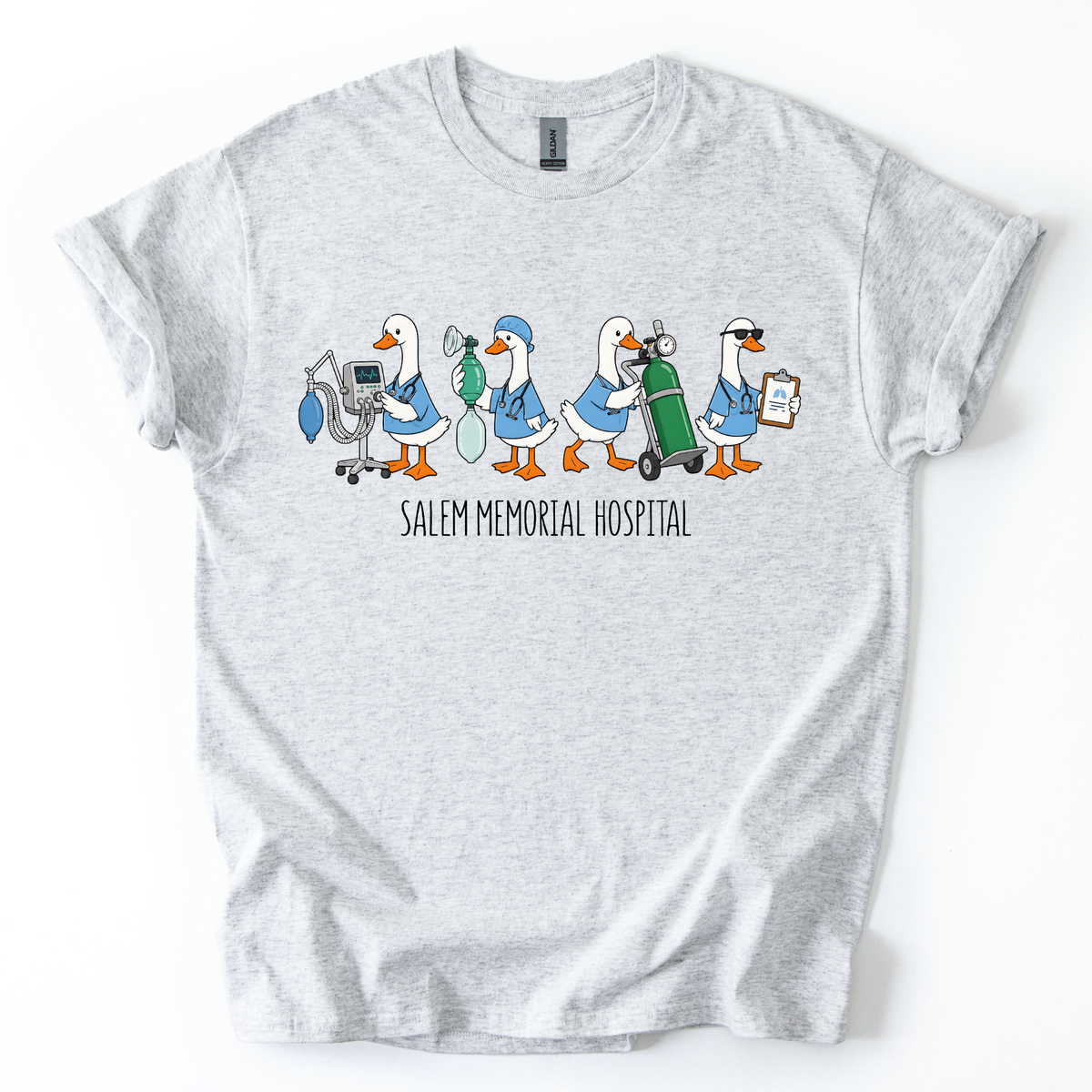 Salem Memorial Hospital respiratory geese on Ash Grey Gildan T-shirt