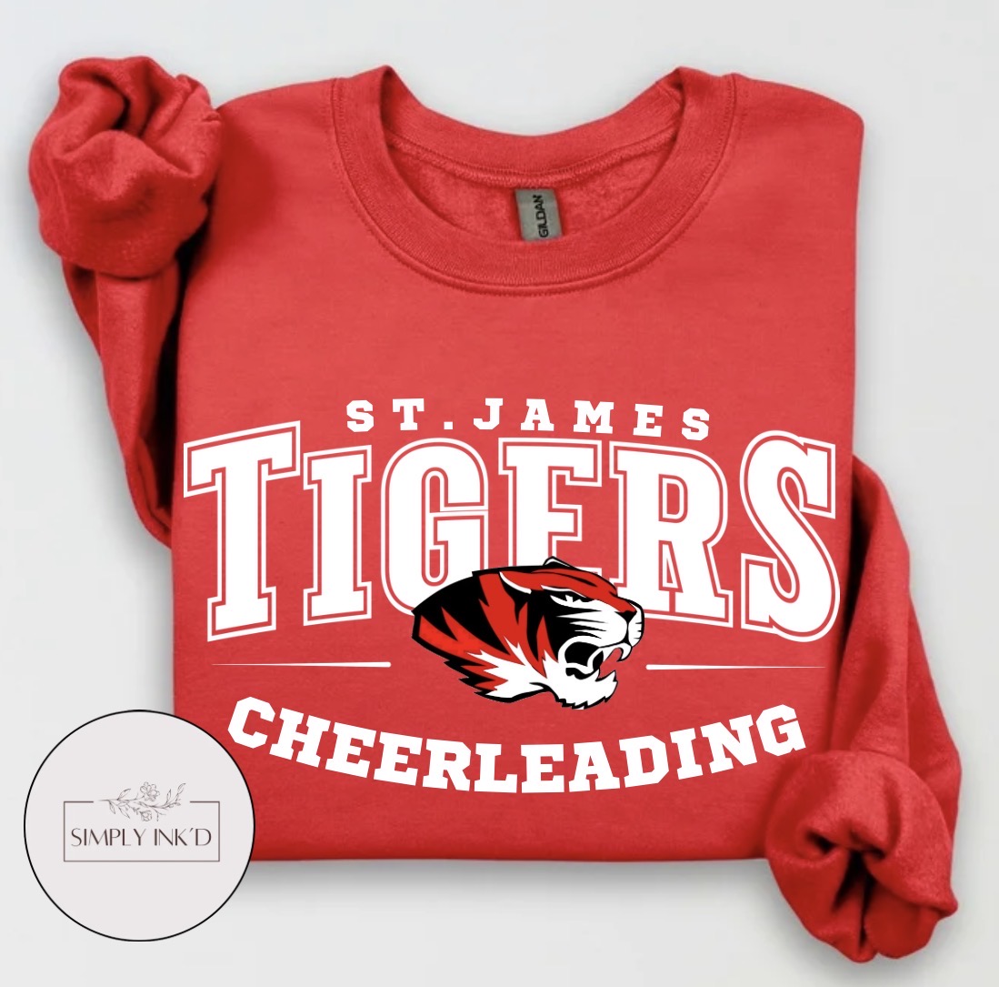 St. James Tigers Cheerleading design on a red crewneck sweatshirt