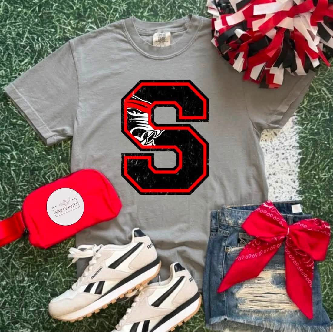 St. James Tigers mascot S design shown on a grey T-shirt
