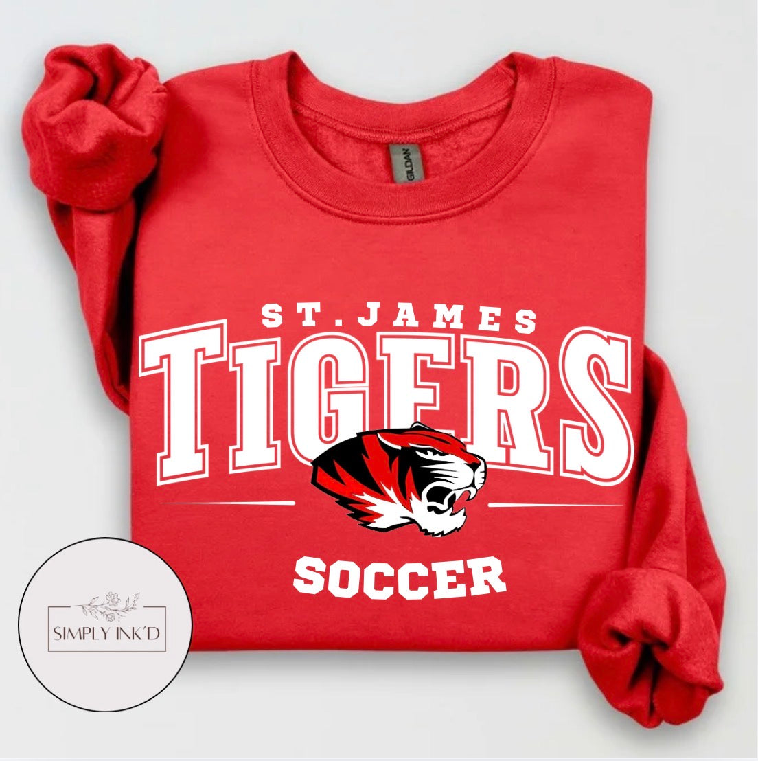 St. James Tigers Soccer design on a red crewneck sweatshirt