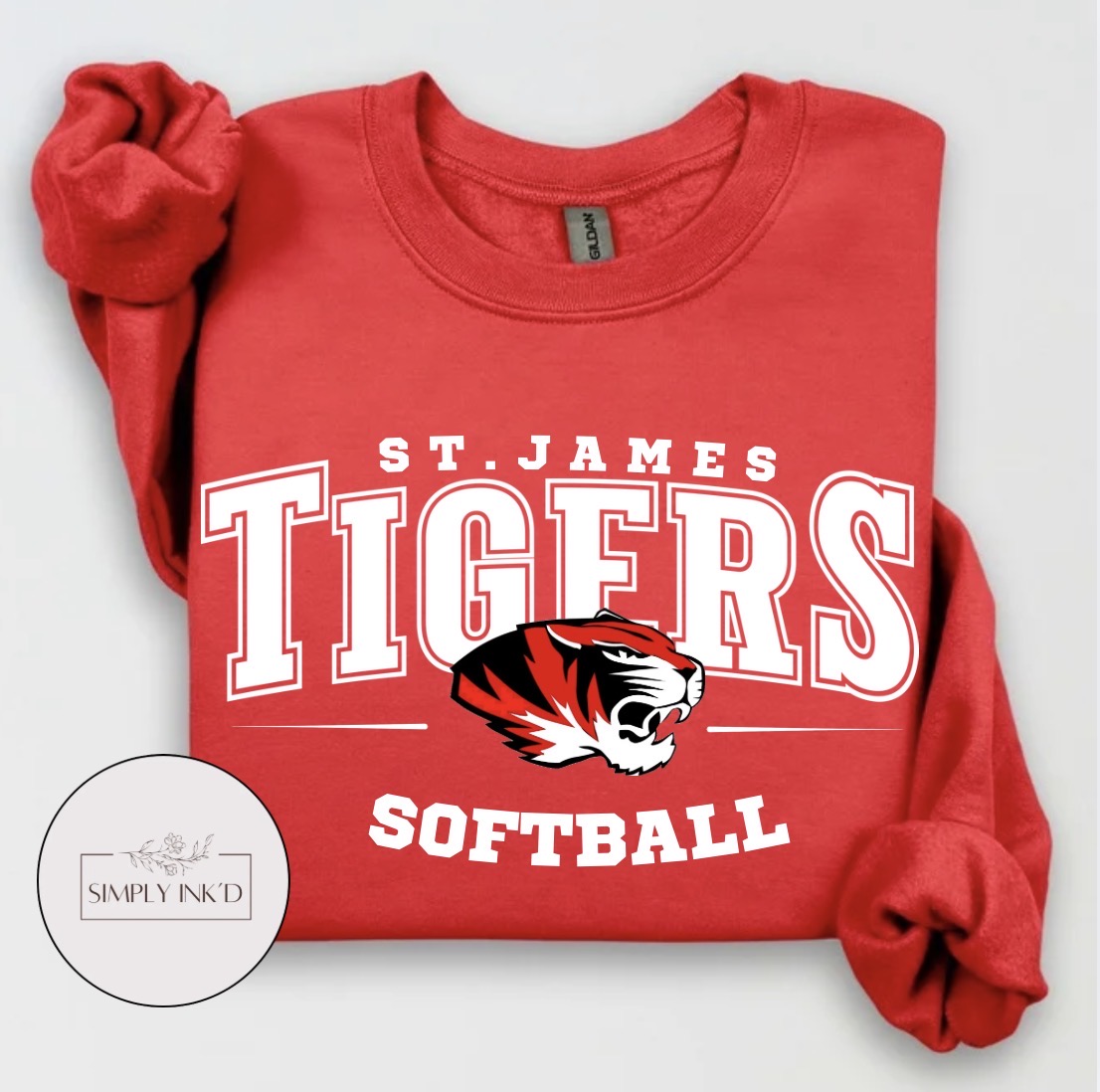 St. James Tigers Softball design on a red crewneck sweatshirt