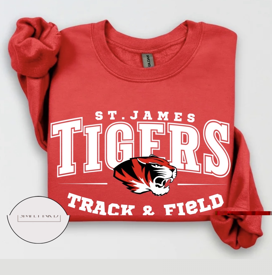 St. James Tigers Track & Field design on a red crewneck sweatshirt