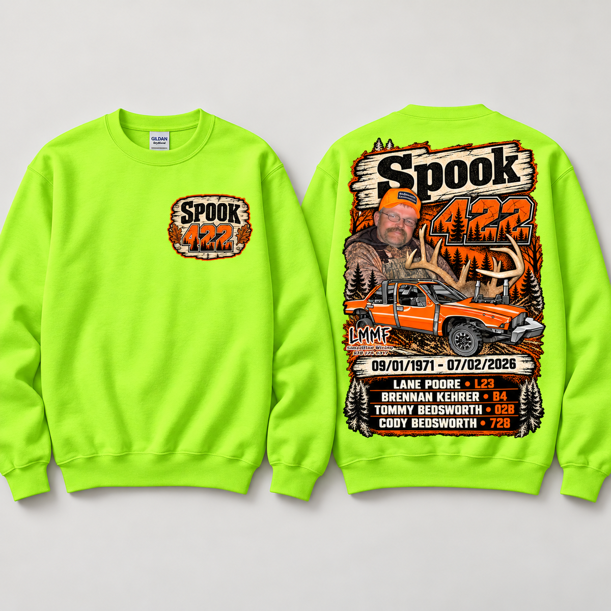 Team Spook 422 Safety Green Crewneck front and back