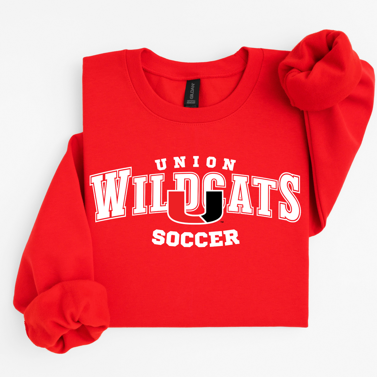 Union Wildcats Soccer design shown on a red shirt