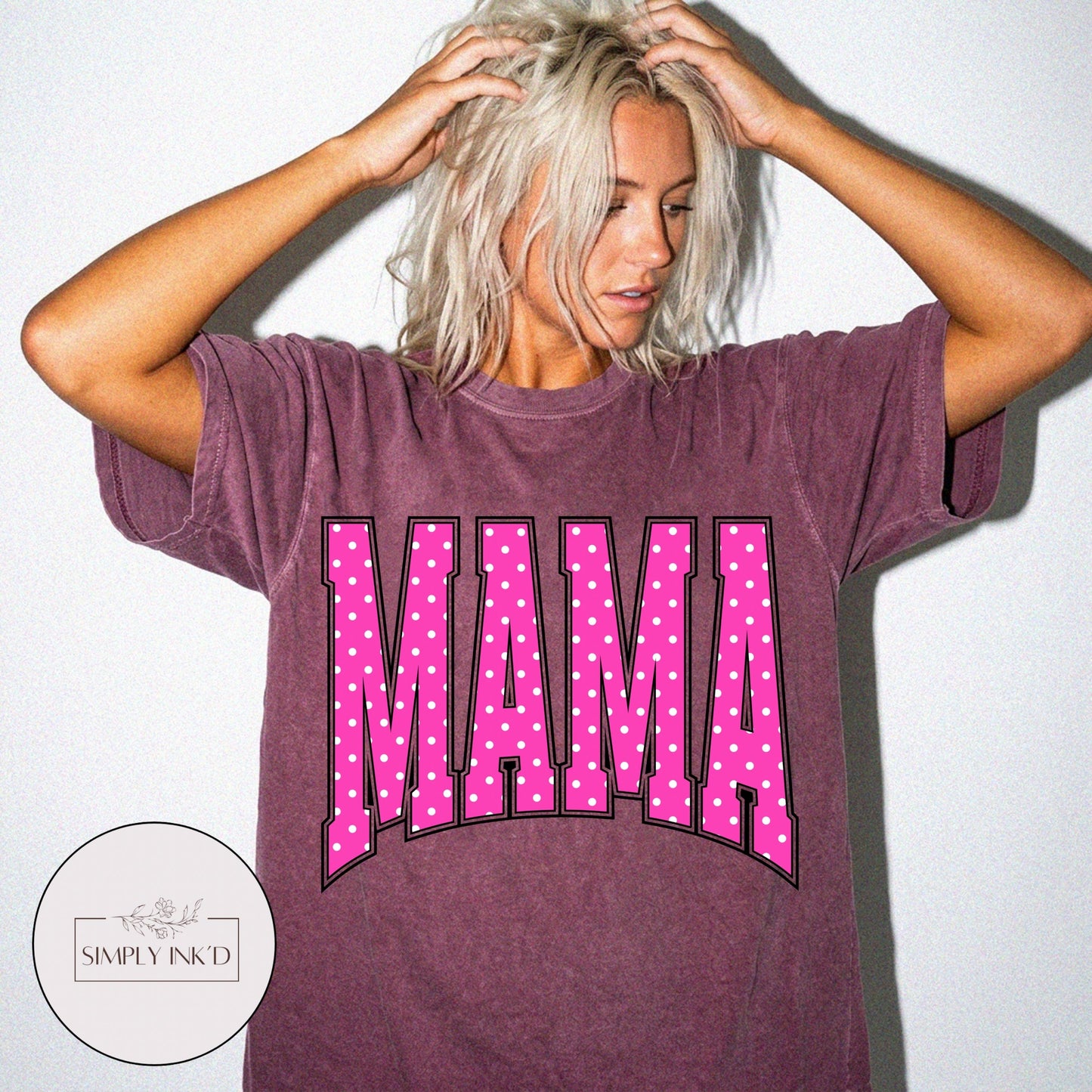 Mama in Pink Polka Dot Varsity Tee