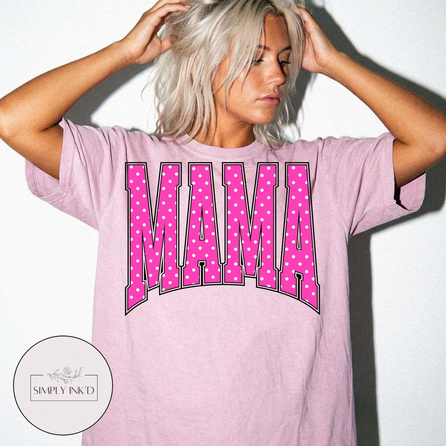 Mama in Pink Polka Dot Varsity Tee