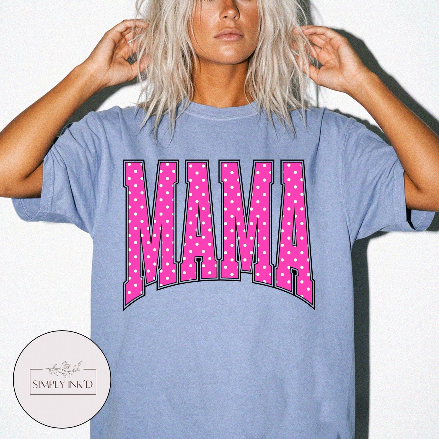 Mama in Pink Polka Dot Varsity Tee
