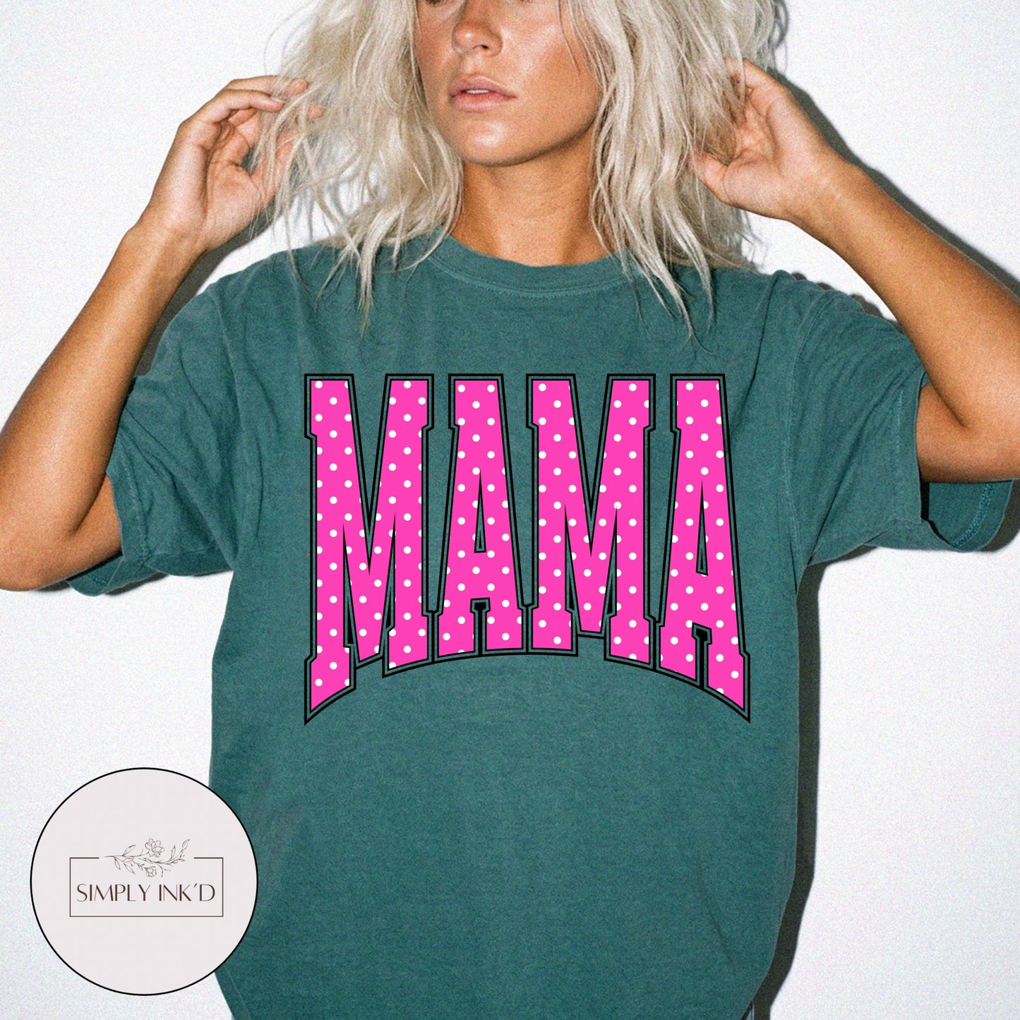 Mama in Pink Polka Dot Varsity Tee