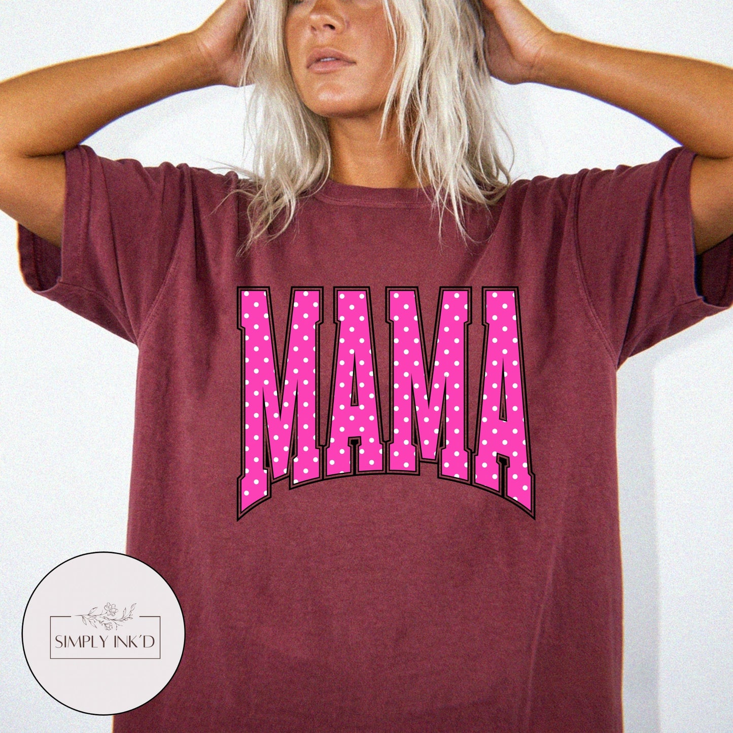 Mama in Pink Polka Dot Varsity Tee