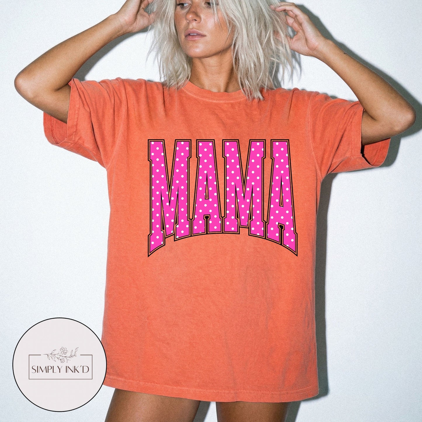 Mama in Pink Polka Dot Varsity Tee