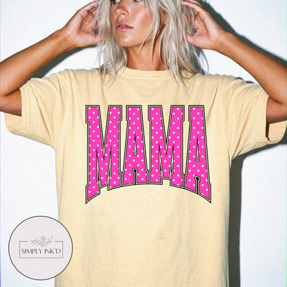 Mama in Pink Polka Dot Varsity Tee