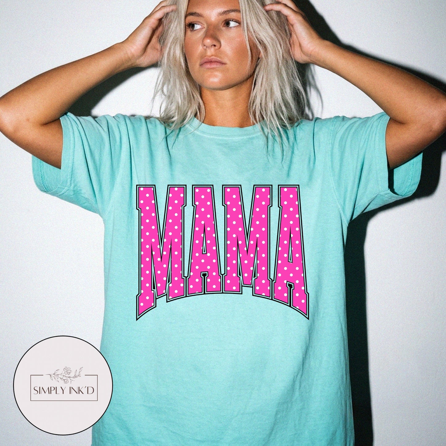 Mama in Pink Polka Dot Varsity Tee