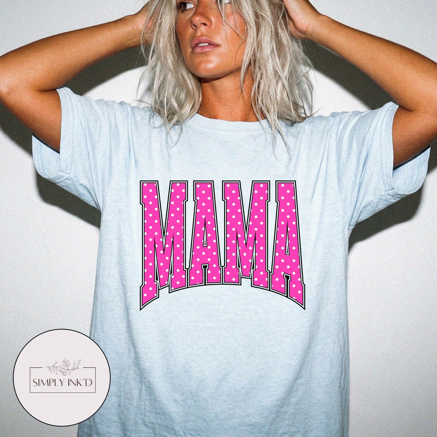 Mama in Pink Polka Dot Varsity Tee