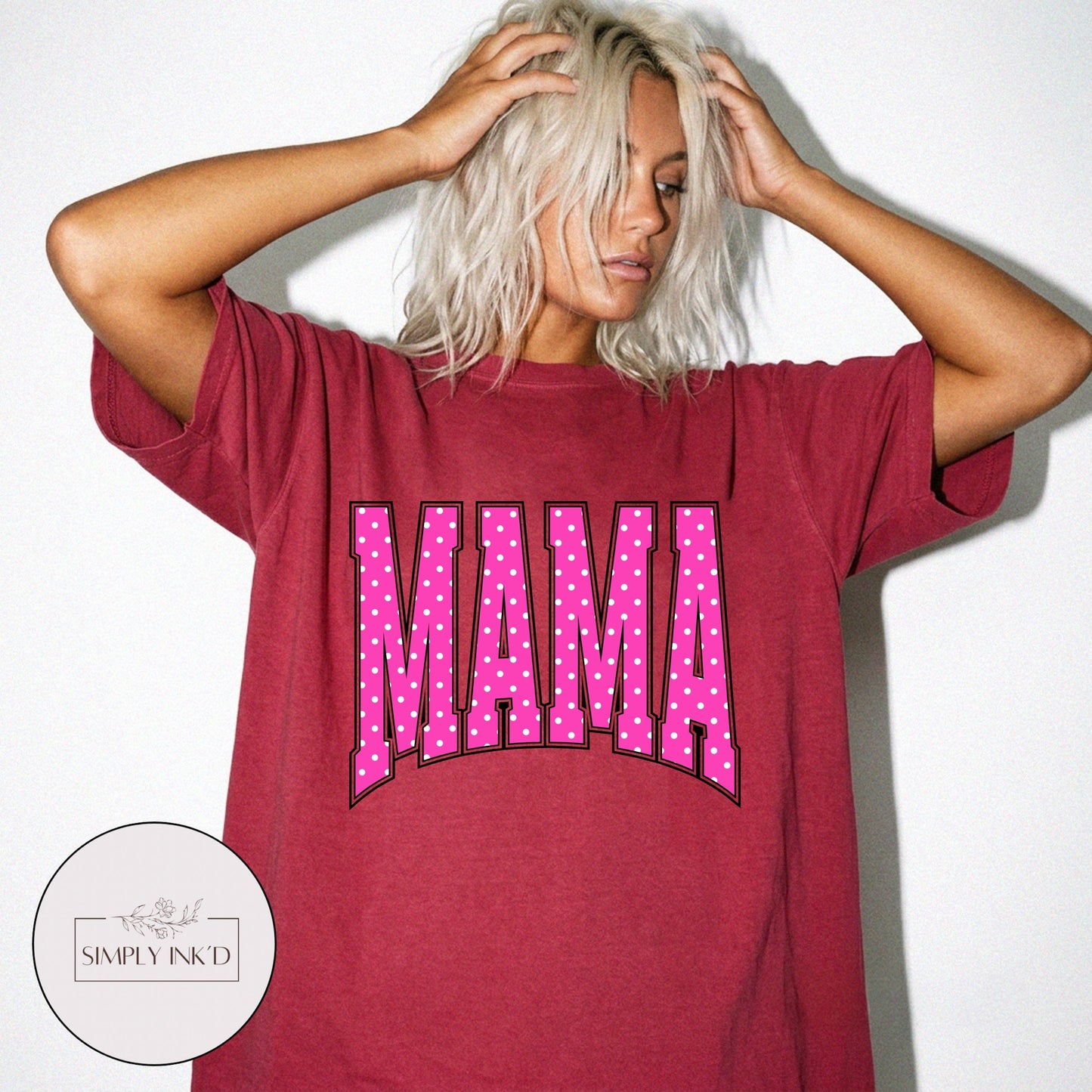 Mama in Pink Polka Dot Varsity Tee