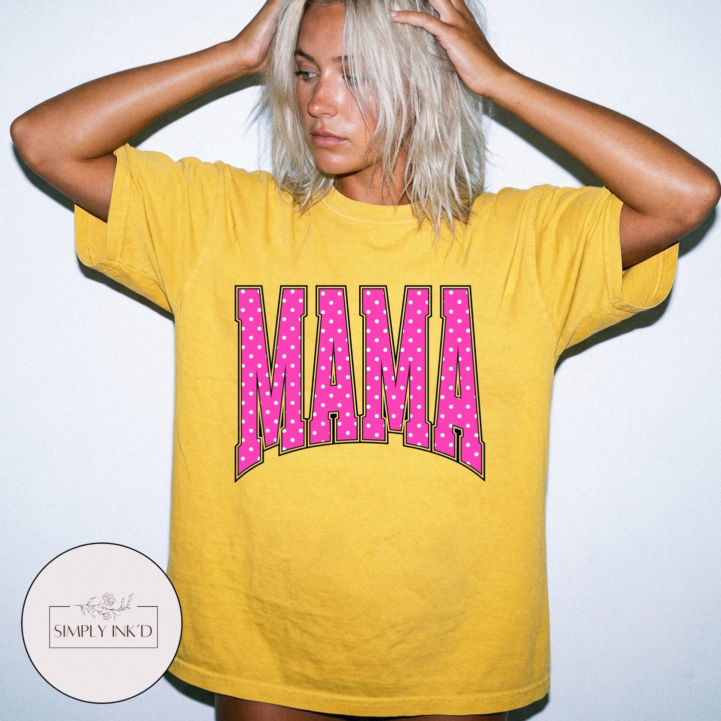 Mama in Pink Polka Dot Varsity Tee