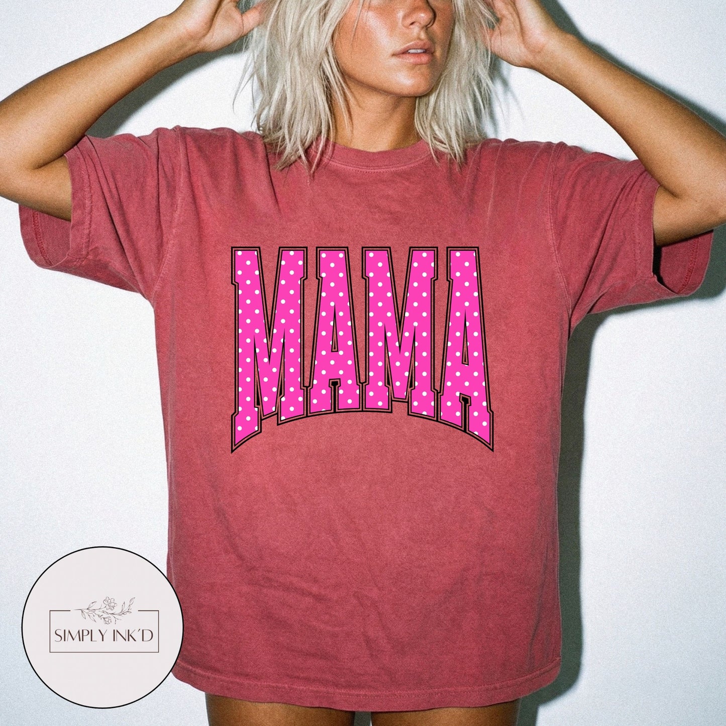 Mama in Pink Polka Dot Varsity Tee