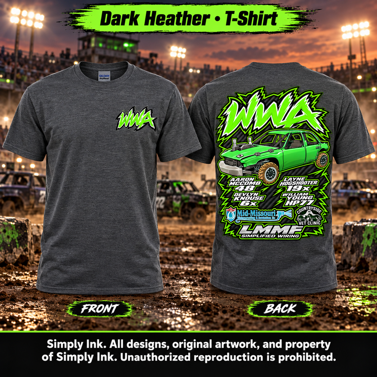 Team WWA Dark Heather T-Shirt front and back