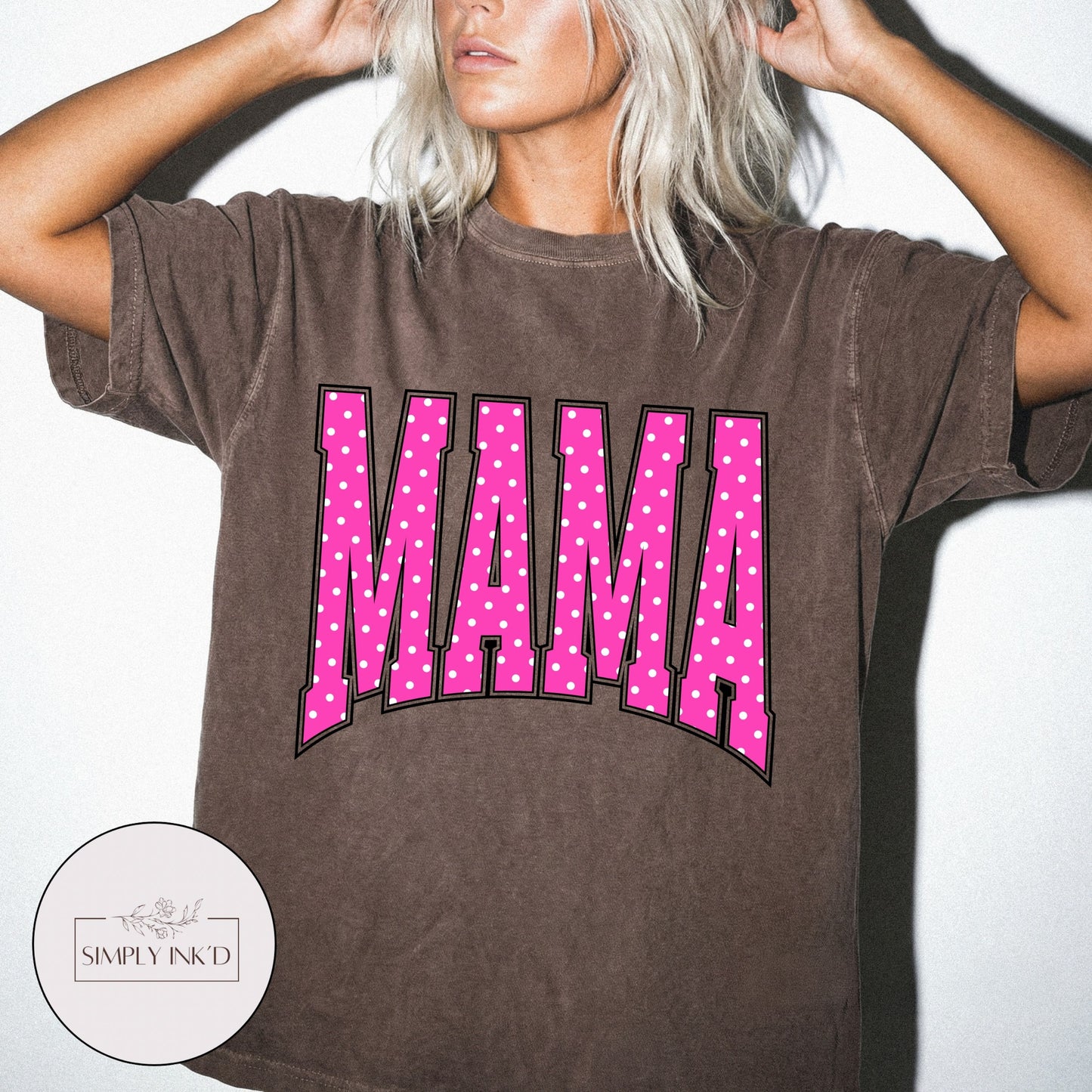 Mama in Pink Polka Dot Varsity Tee