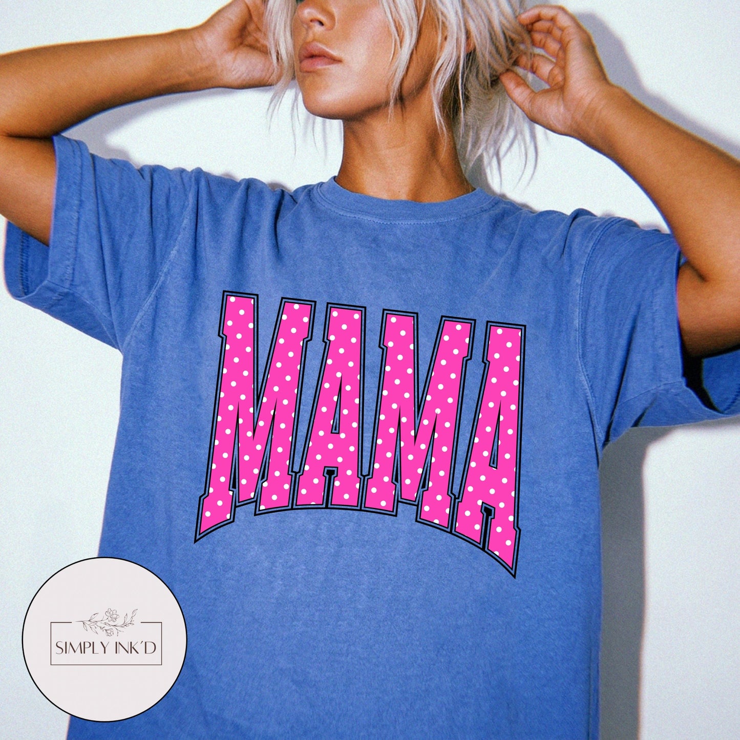 Mama in Pink Polka Dot Varsity Tee