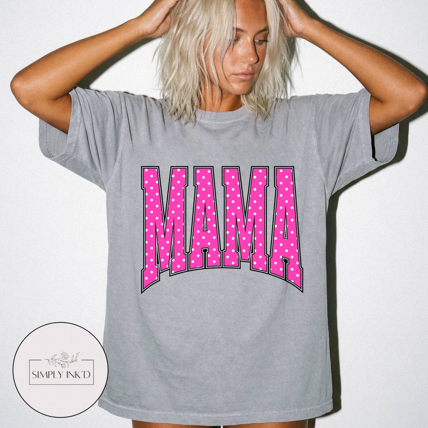 Mama in Pink Polka Dot Varsity Tee