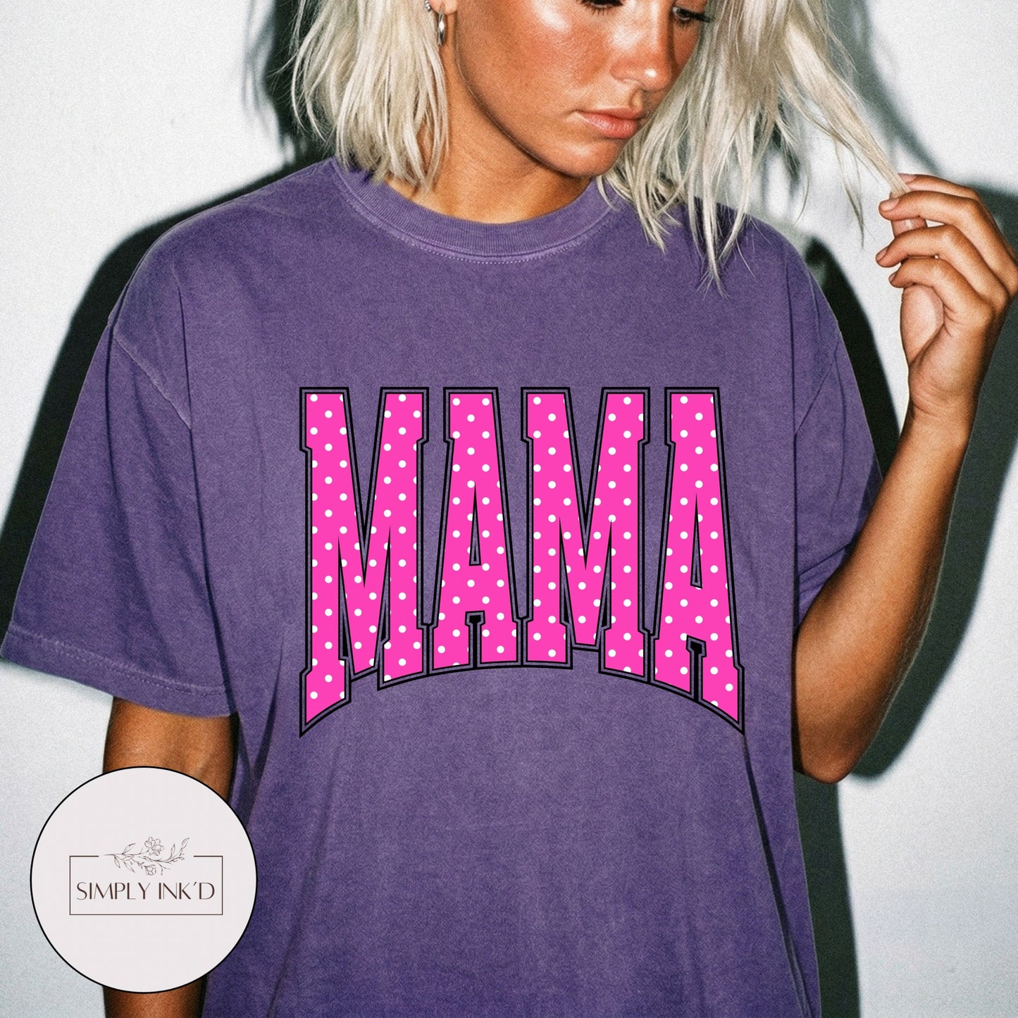 Mama in Pink Polka Dot Varsity Tee