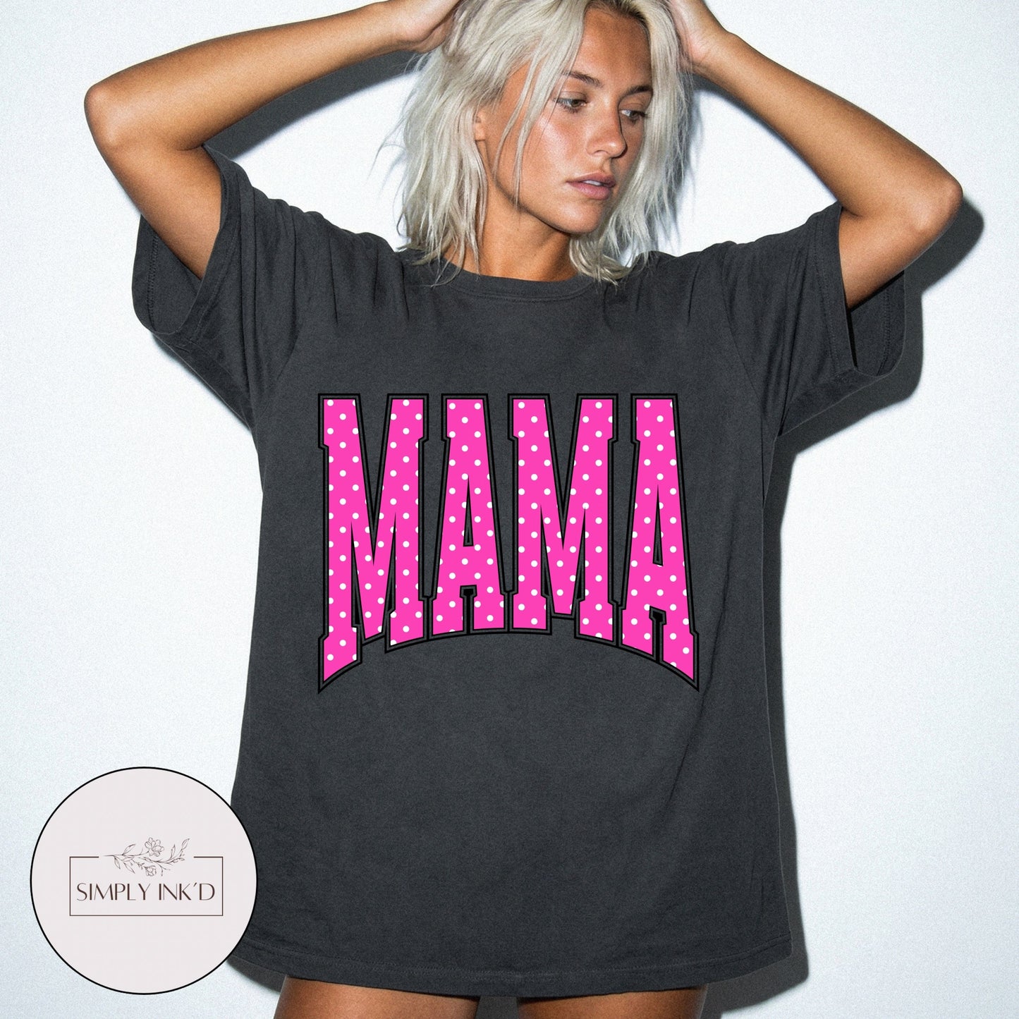 Mama in Pink Polka Dot Varsity Tee