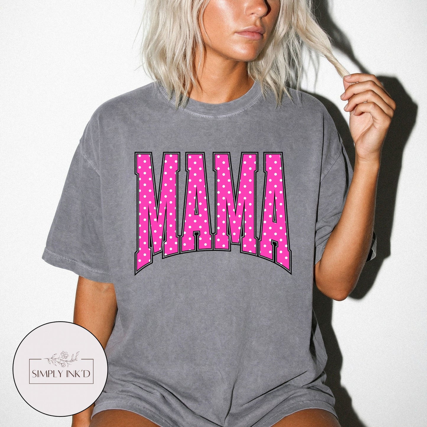 Mama in Pink Polka Dot Varsity Tee