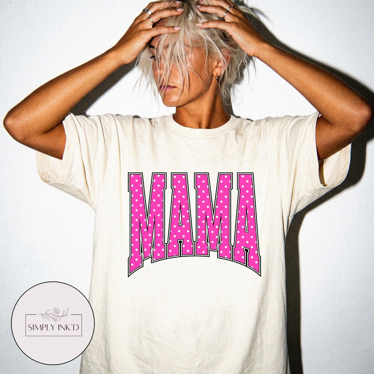 Mama in Pink Polka Dot Varsity Tee
