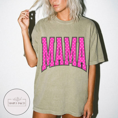 Mama in Pink Polka Dot Varsity Tee