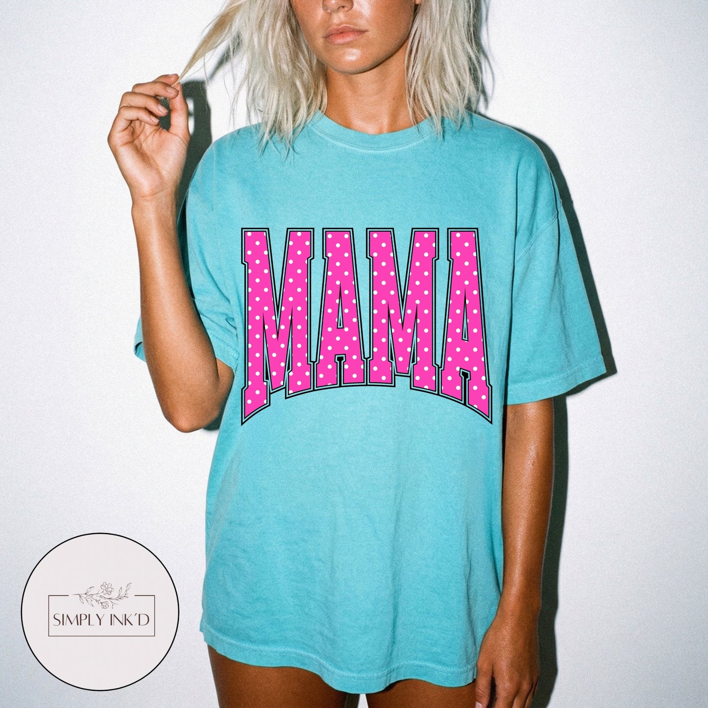 Mama in Pink Polka Dot Varsity Tee