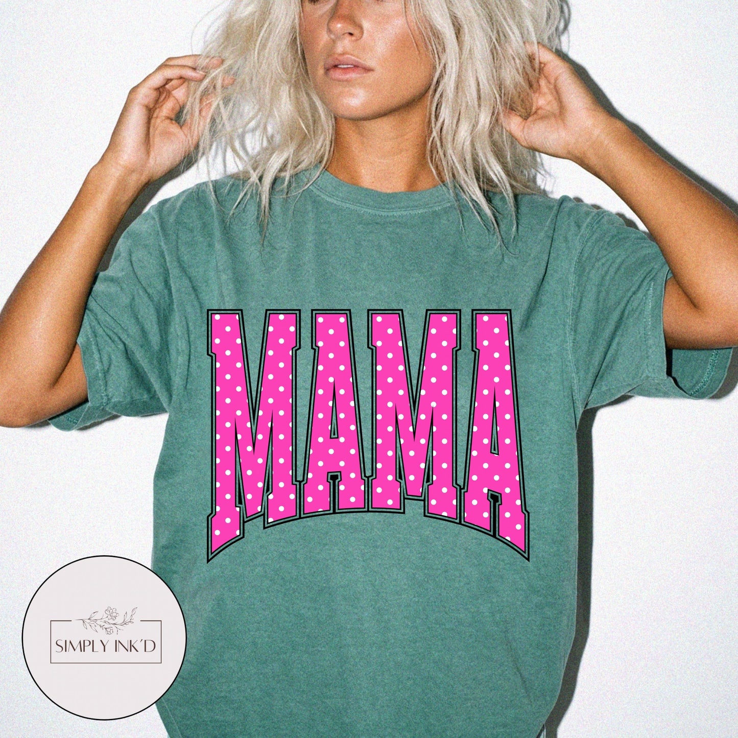Mama in Pink Polka Dot Varsity Tee