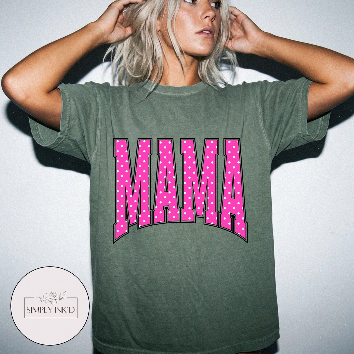 Mama in Pink Polka Dot Varsity Tee