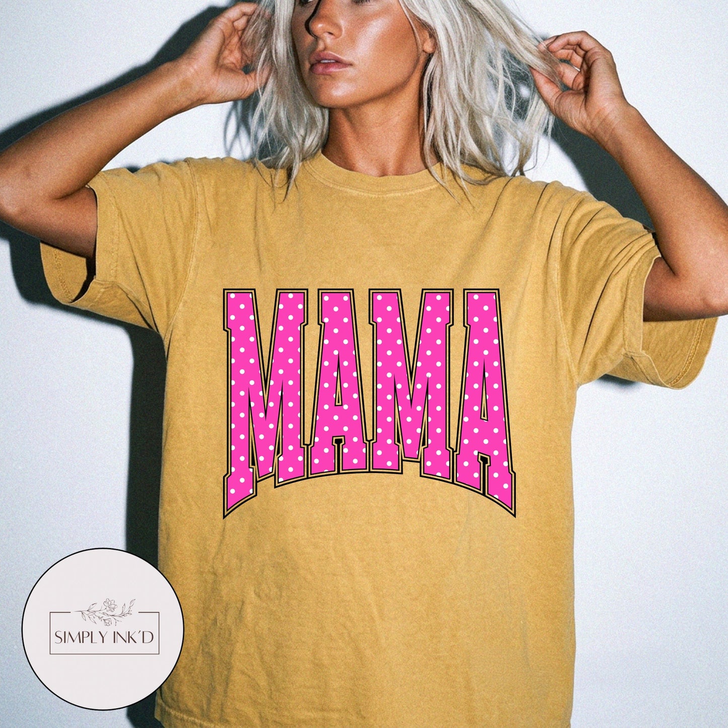 Mama in Pink Polka Dot Varsity Tee