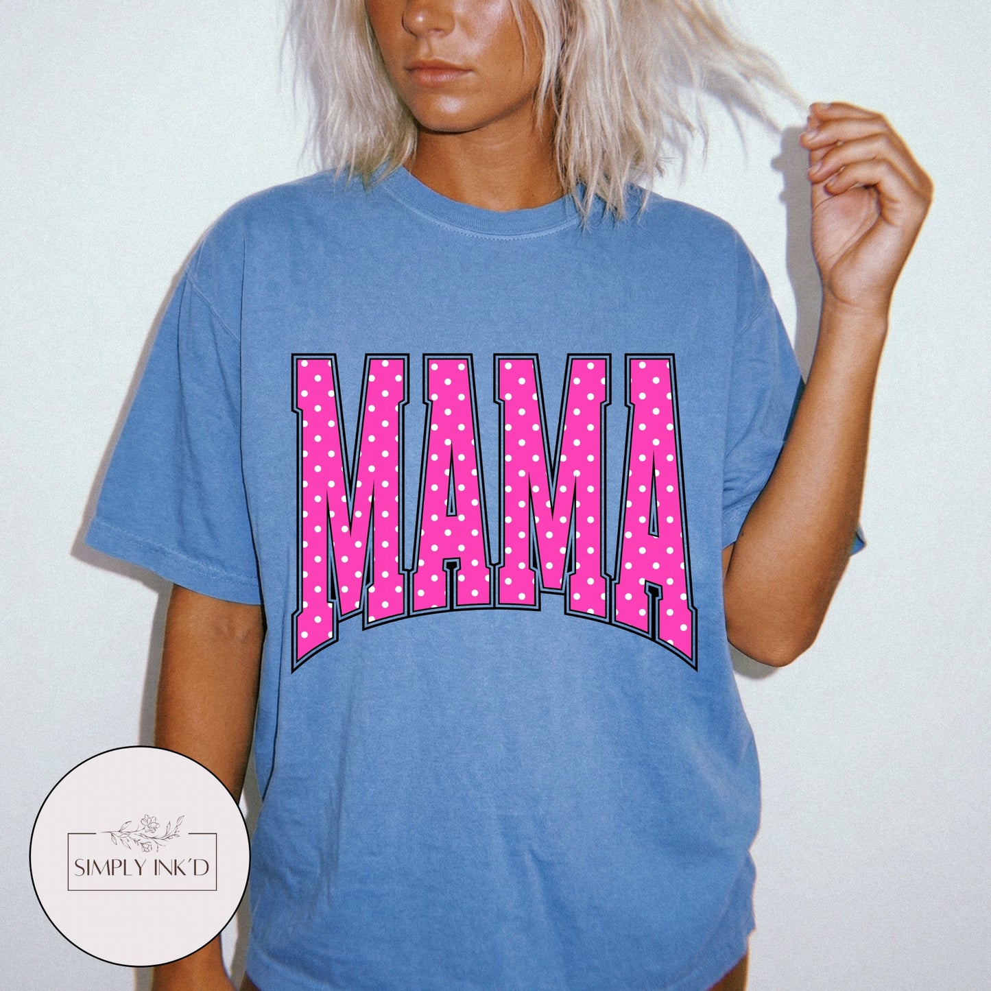 Mama in Pink Polka Dot Varsity Tee