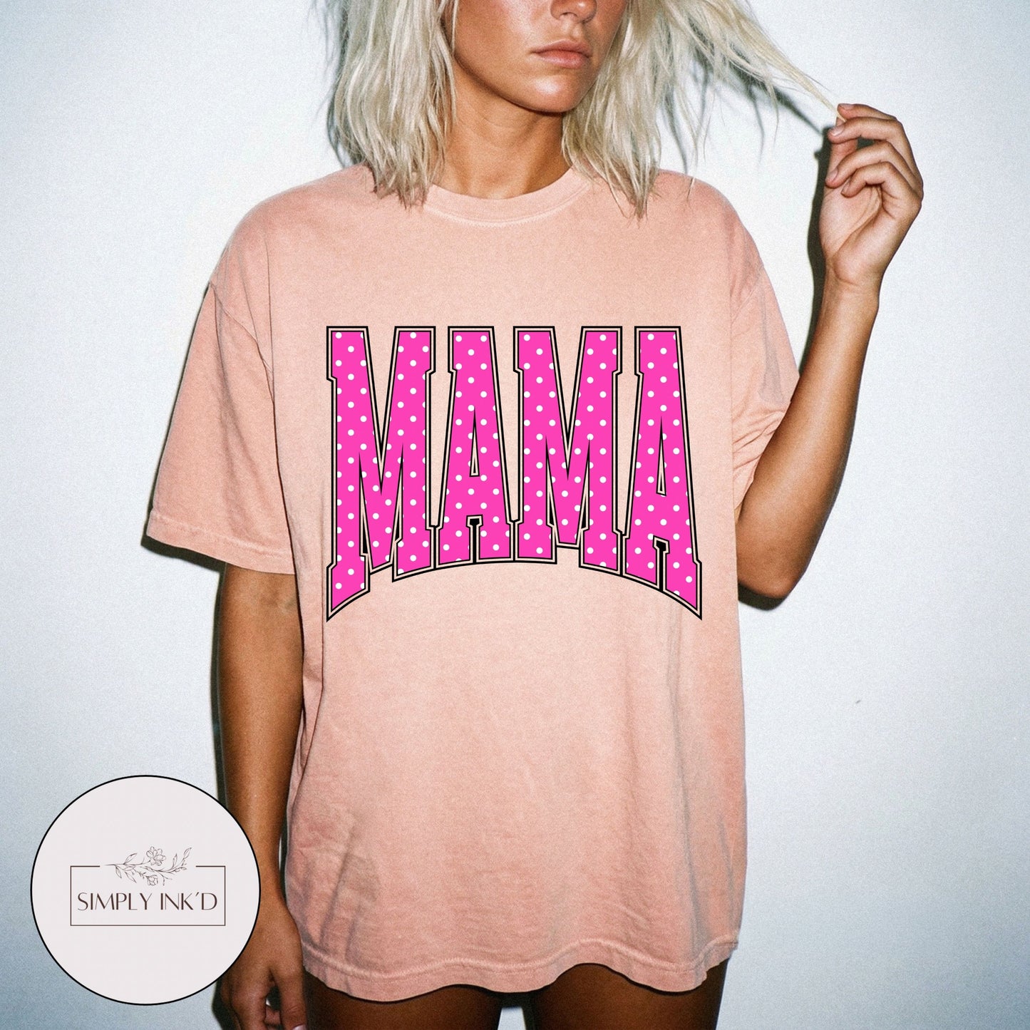Mama in Pink Polka Dot Varsity Tee