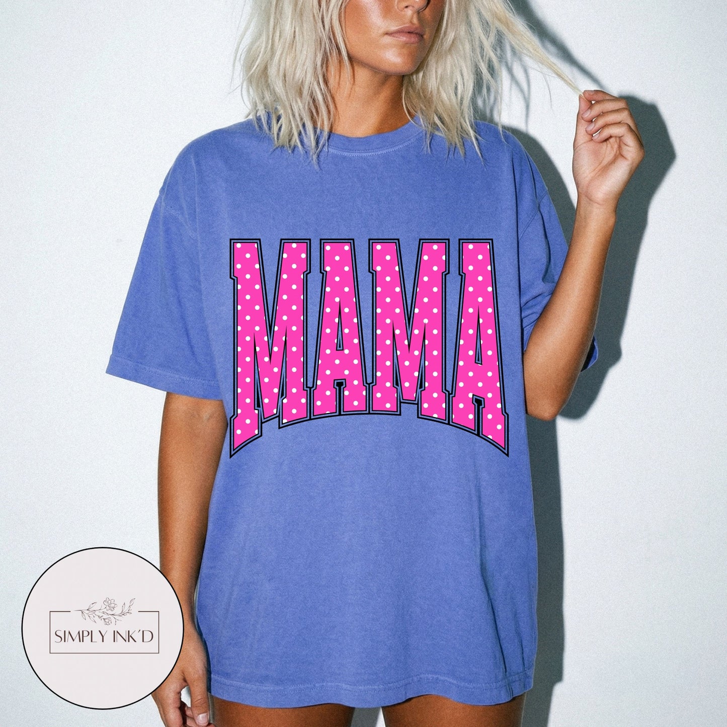 Mama in Pink Polka Dot Varsity Tee