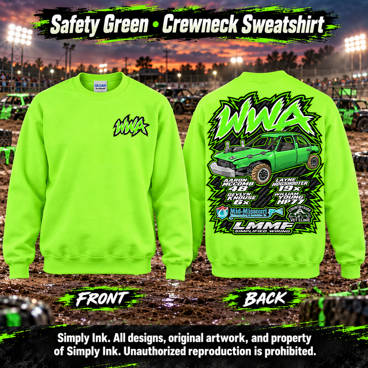 Team WWA Safety Green Crewneck front and back