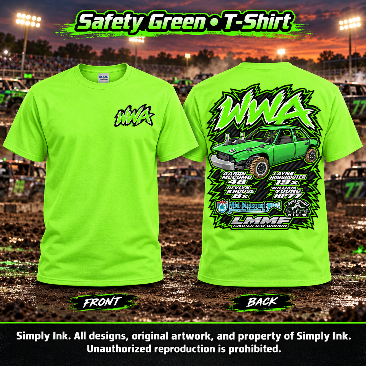 Team WWA Safety Green T-Shirt front and back