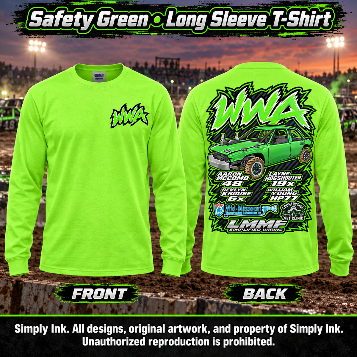 Team WWA Safety Green Long Sleeve front and back