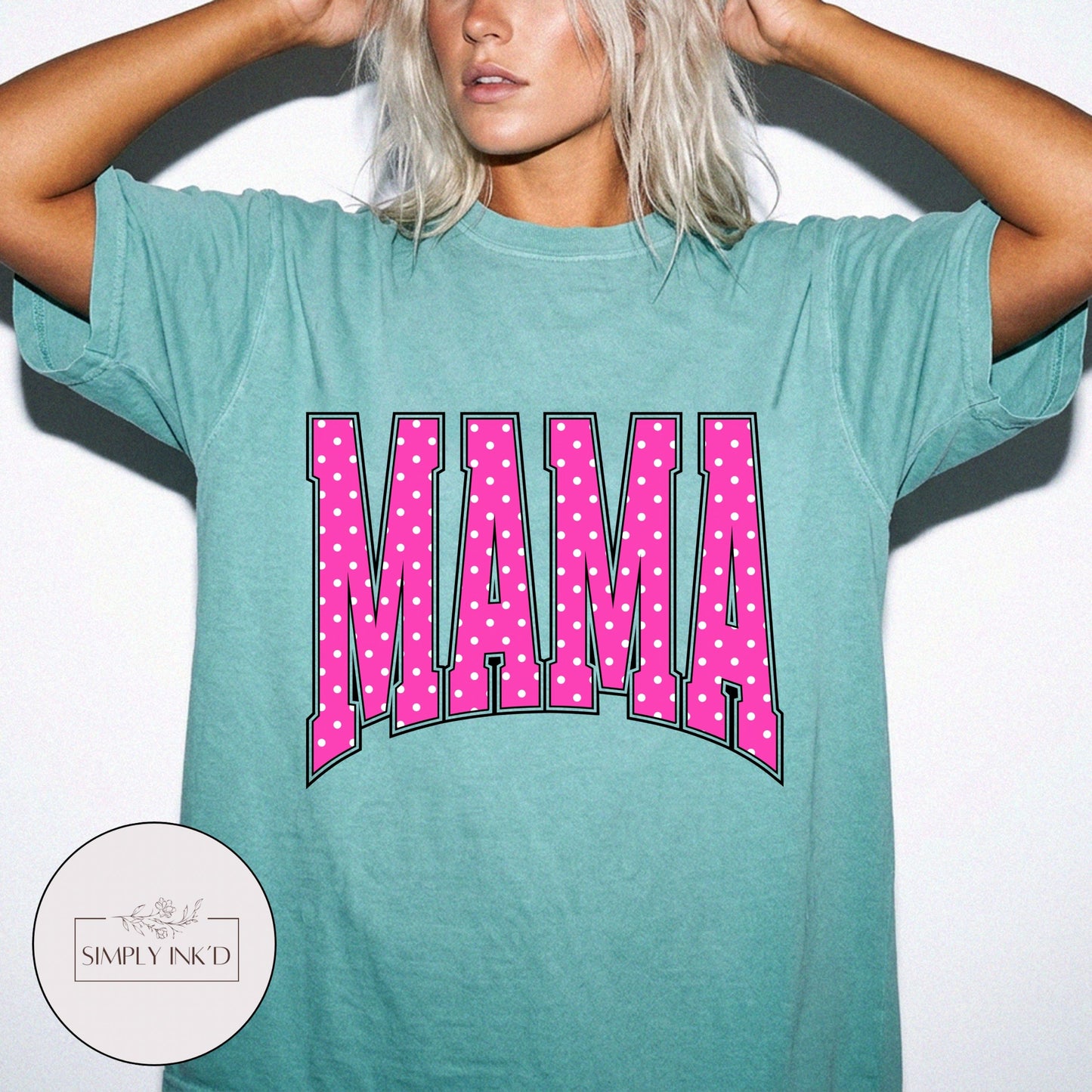 Mama in Pink Polka Dot Varsity Tee