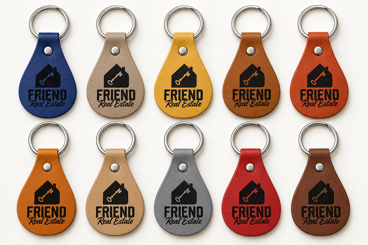 Friend Real Estate engraved teardrop keychains in ten colors