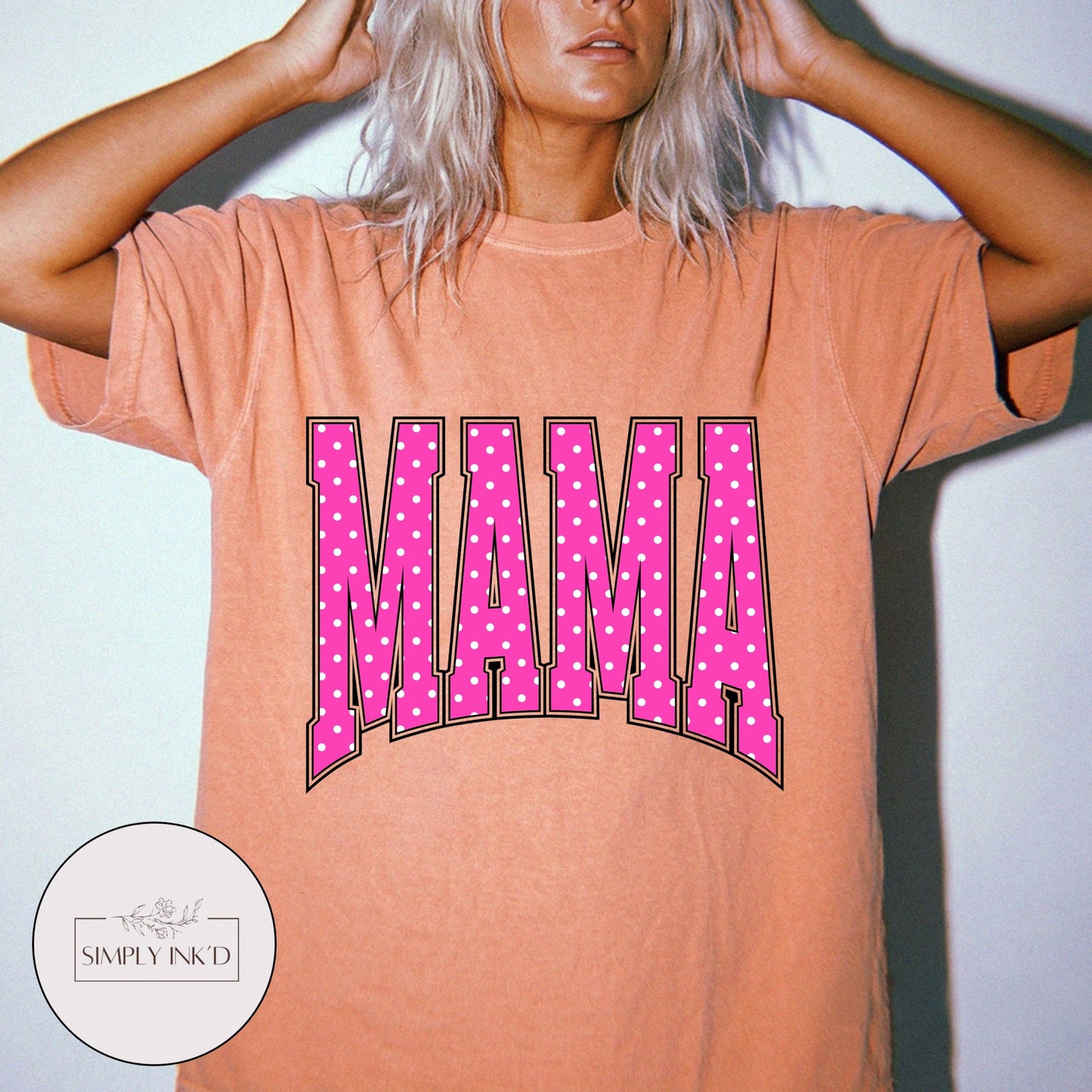 Mama in Pink Polka Dot Varsity Tee