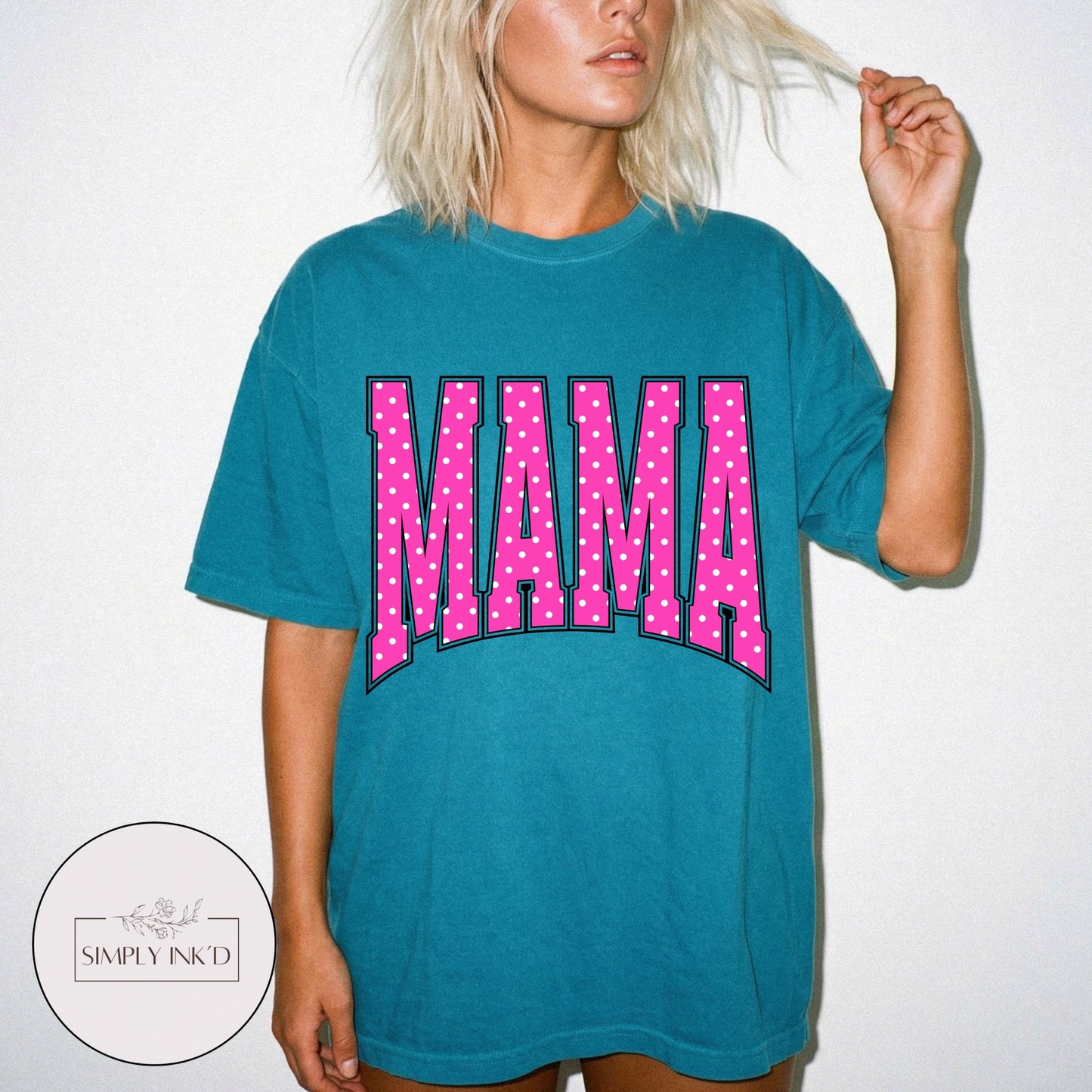 Mama in Pink Polka Dot Varsity Tee