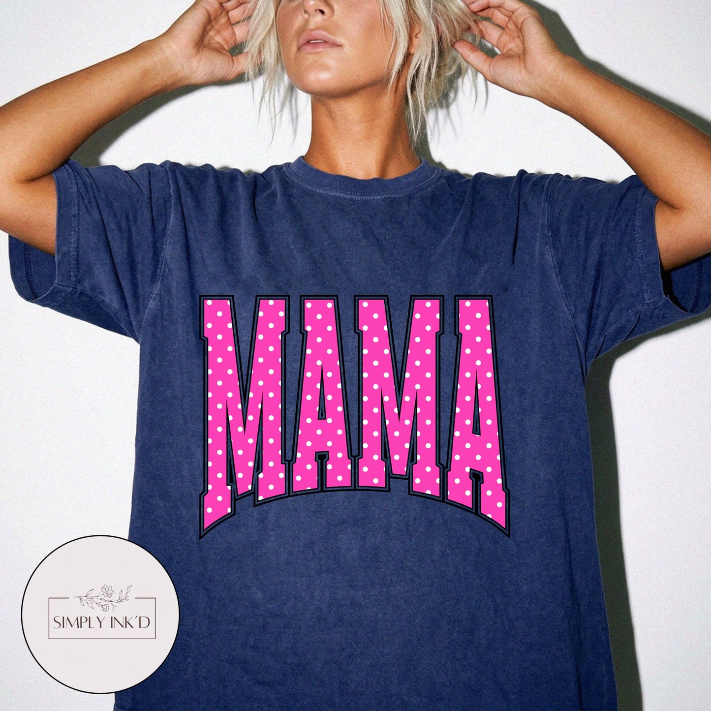 Mama in Pink Polka Dot Varsity Tee