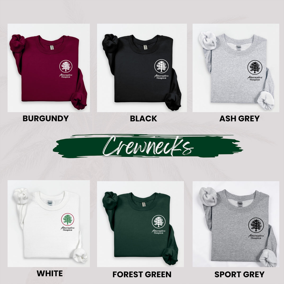 Alternative Hospice Crewneck Sweatshirt color and logo guide