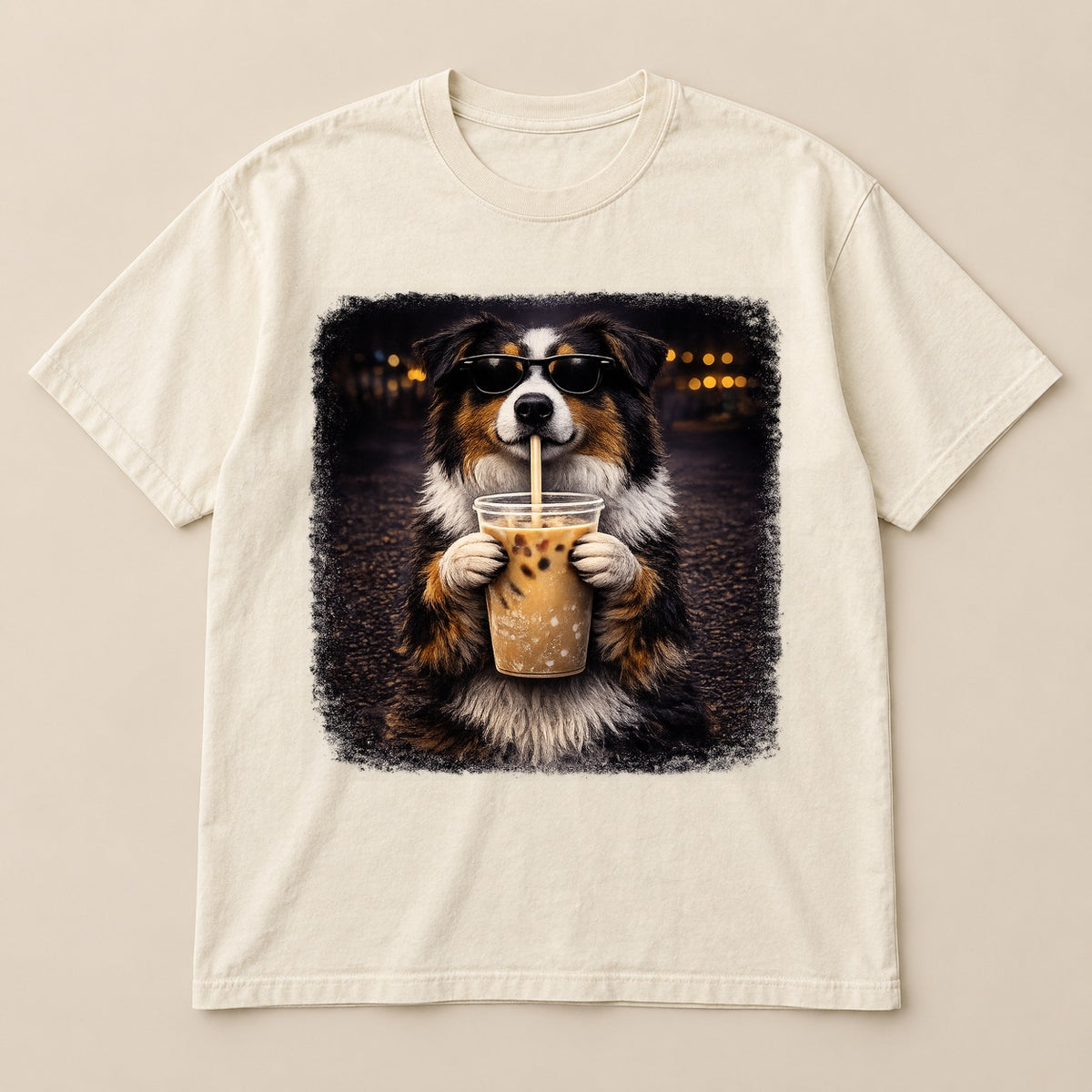 Australian Shepherd Coffee Dog Tee | Comfort Colors on a real Comfort Colors shirt